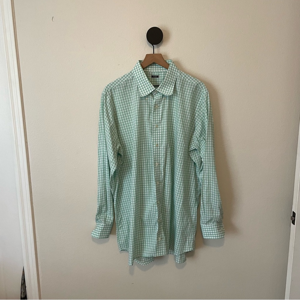 Tom James Green and White Check Plaid Custom Fit Shirt XXL
